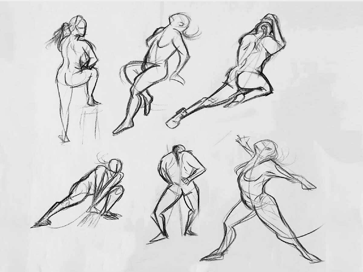 Sketch of a woman in various poses and actions.