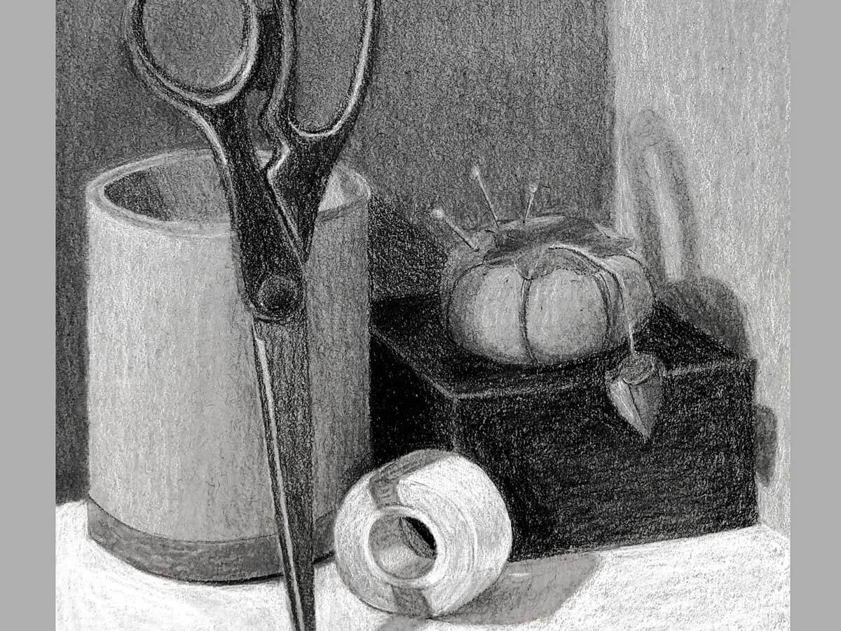 Sketch of scissors, a cup, tape, and needles used for knitting.