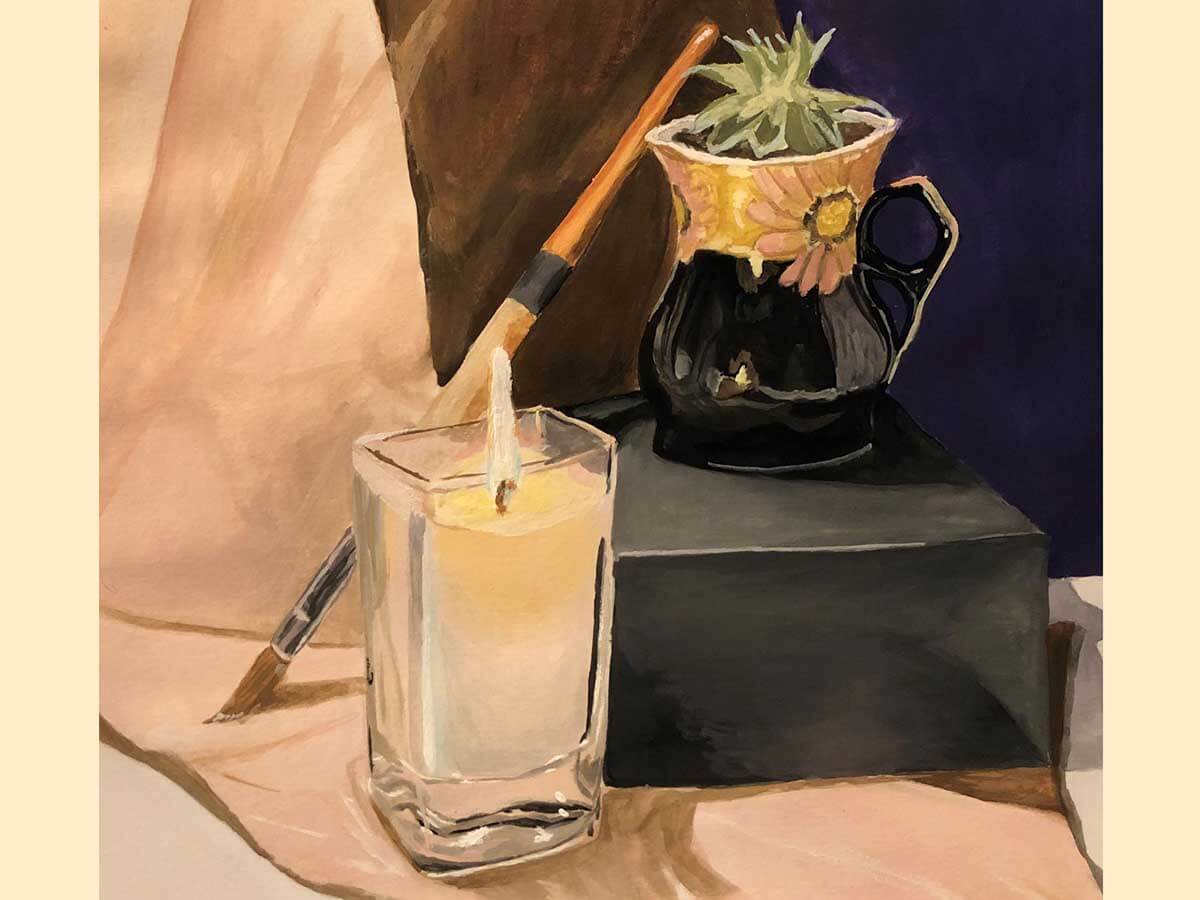 Painting of a candle, paintbrush, and cup with a plant in it.