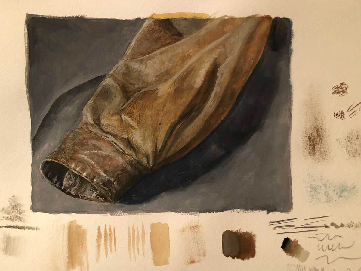 Painting of a brown leather coat sleeve.