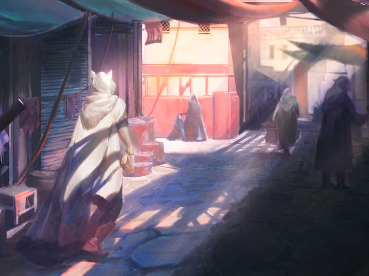 Cloaked figures roam around shaded city streets.