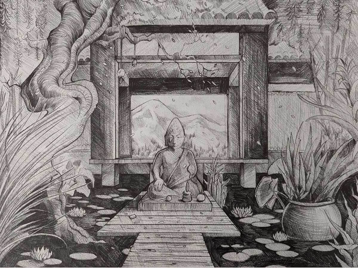 Sketch of a man meditating in a picturesque garden.