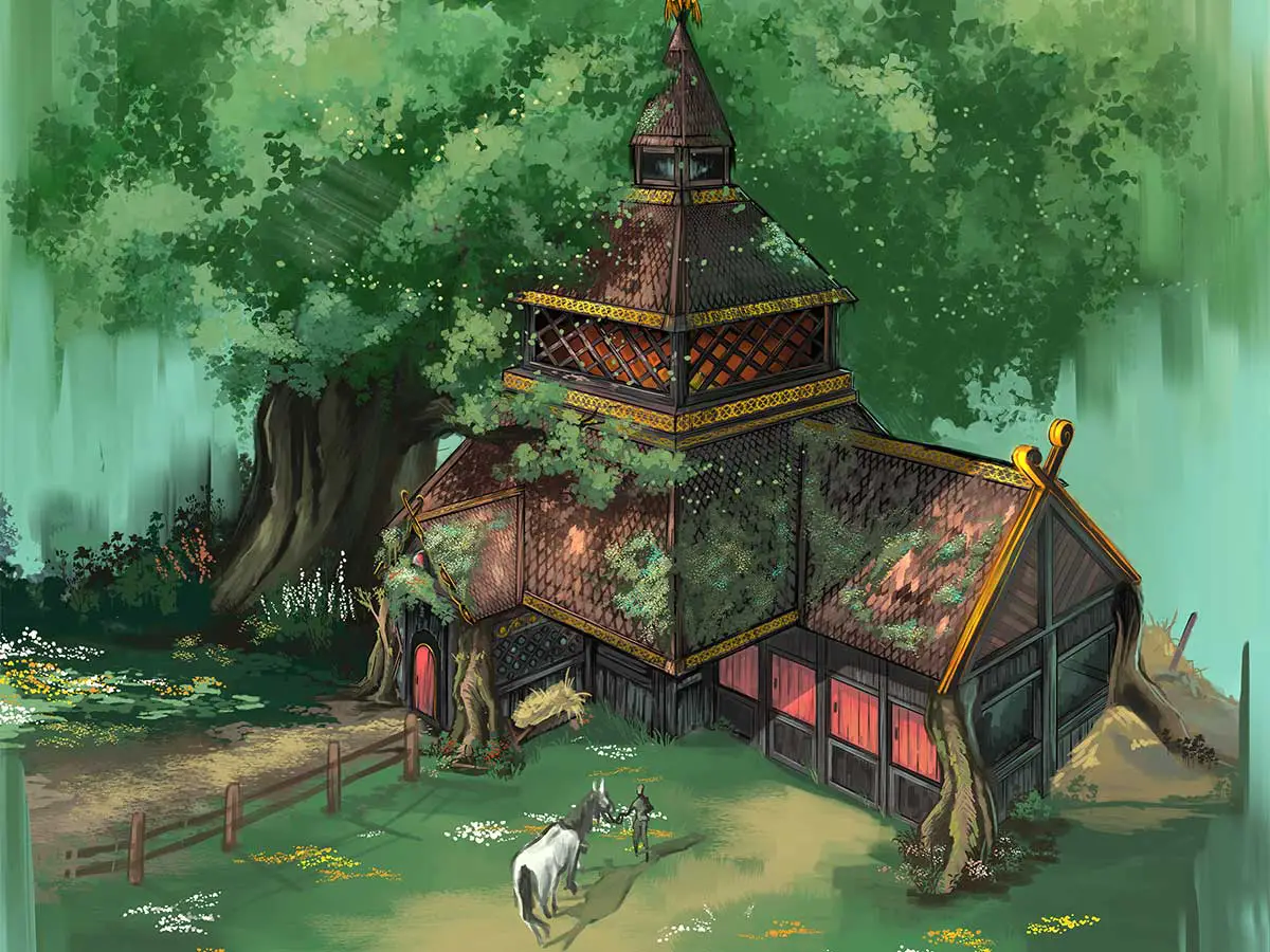 A painting of a house in the woods with a person and their horse.