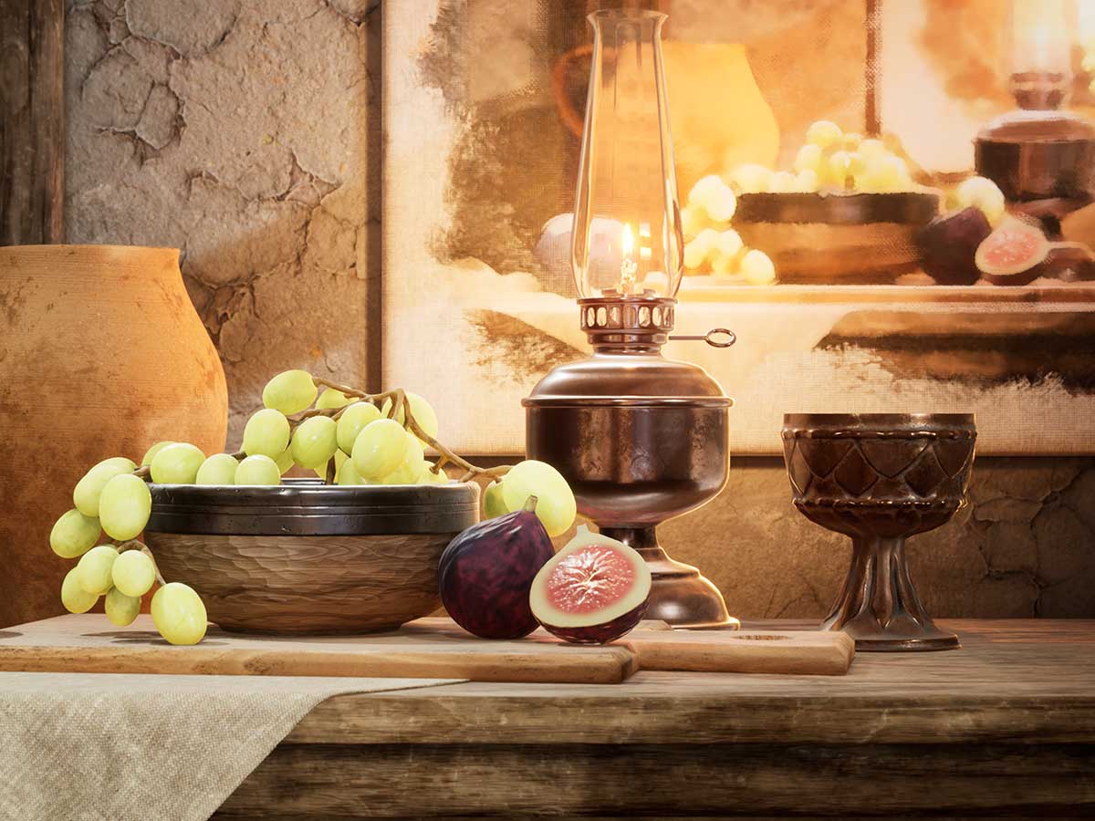 Grapes and various fruit sit on a wooden desk.