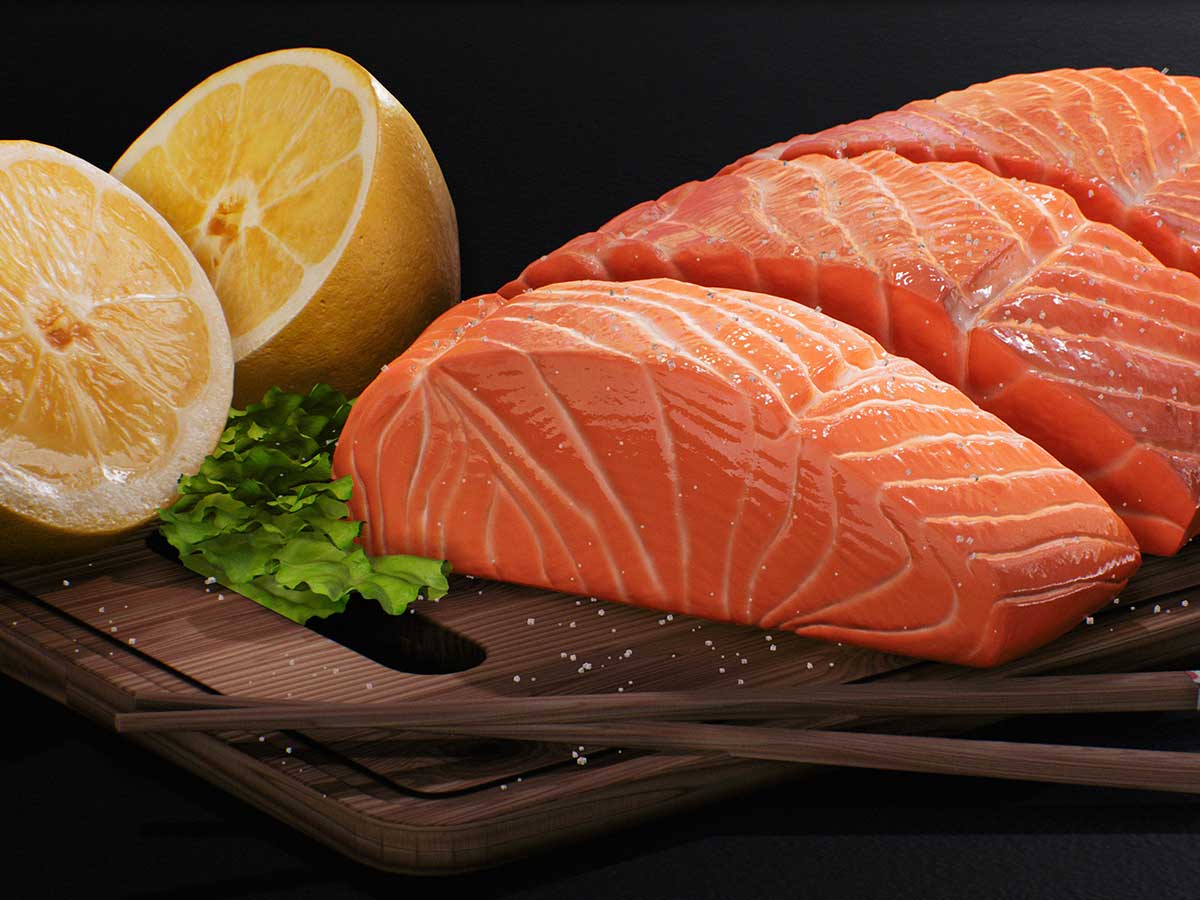 Sushi and cut lemons on a wooden chopping board.