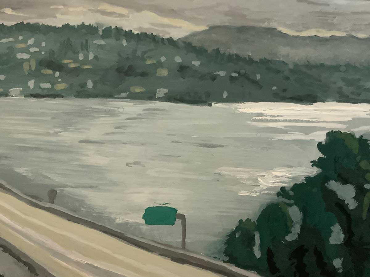 A painting of a highway over a large river.