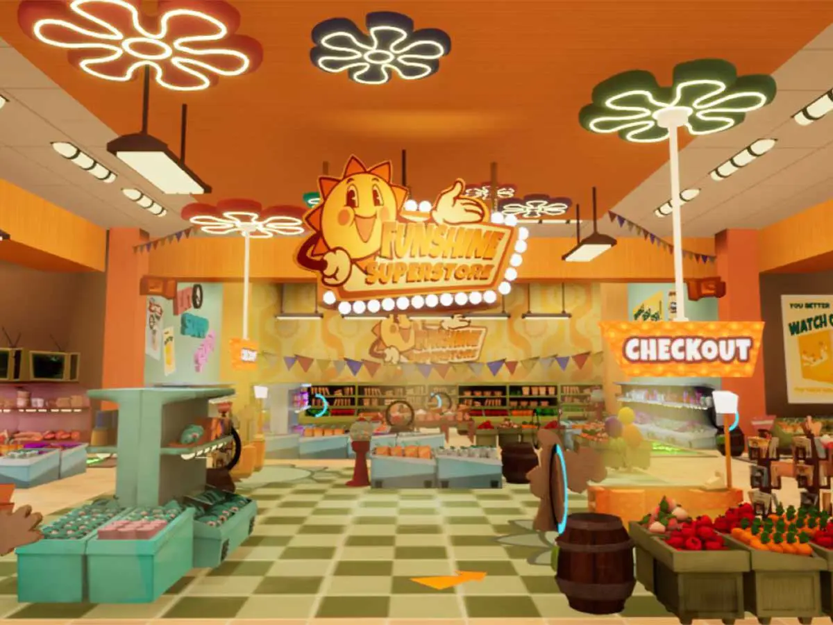 A 3D render of a cartoonish supermarket.