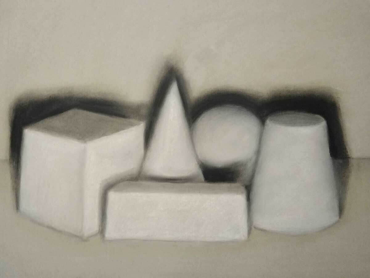 Sketch of various 3D shapes sitting together.
