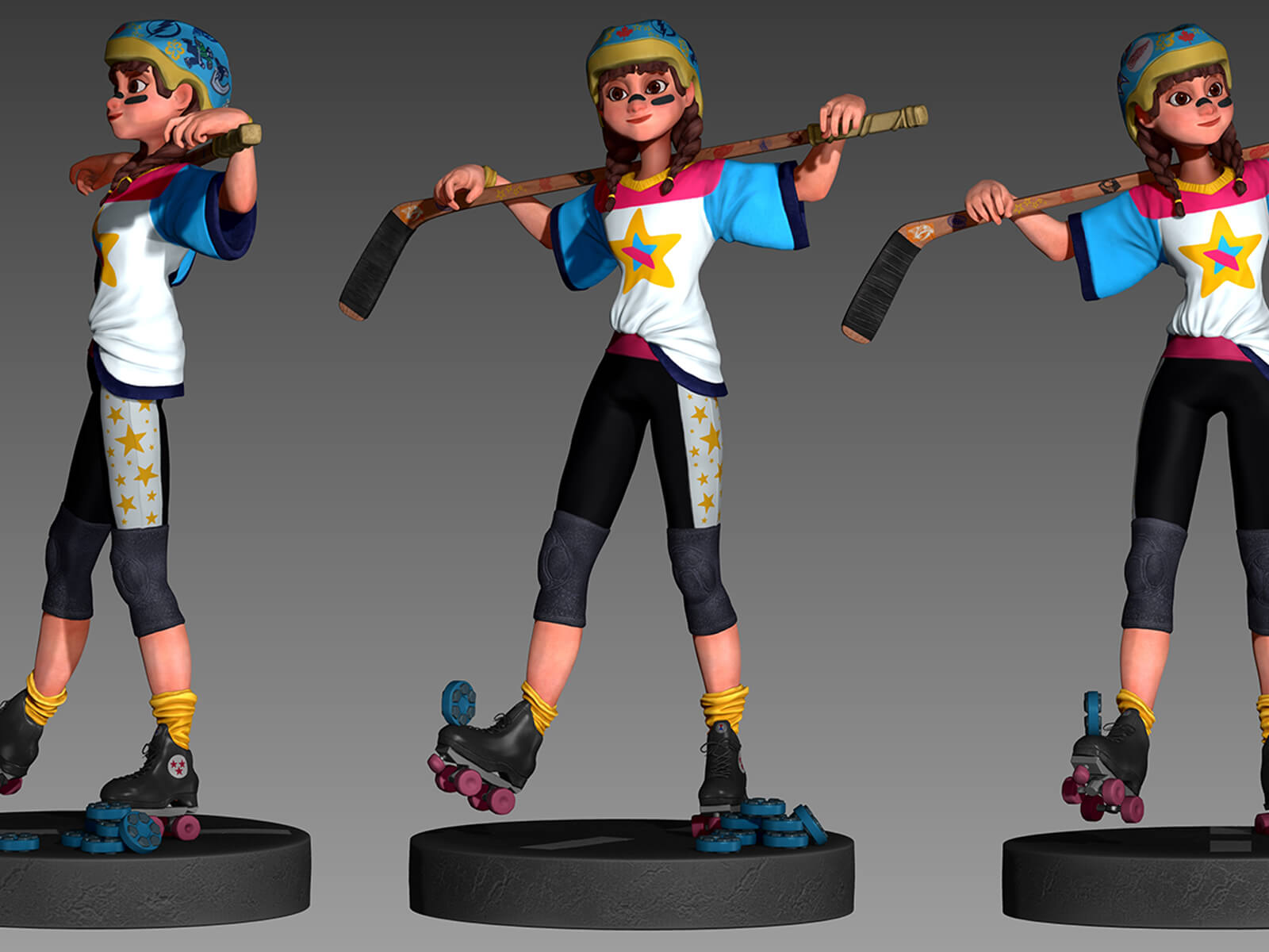 computer-generated 3D model of a girl with pig tails and a lacrosse stick wearing a helmet and roller skates 