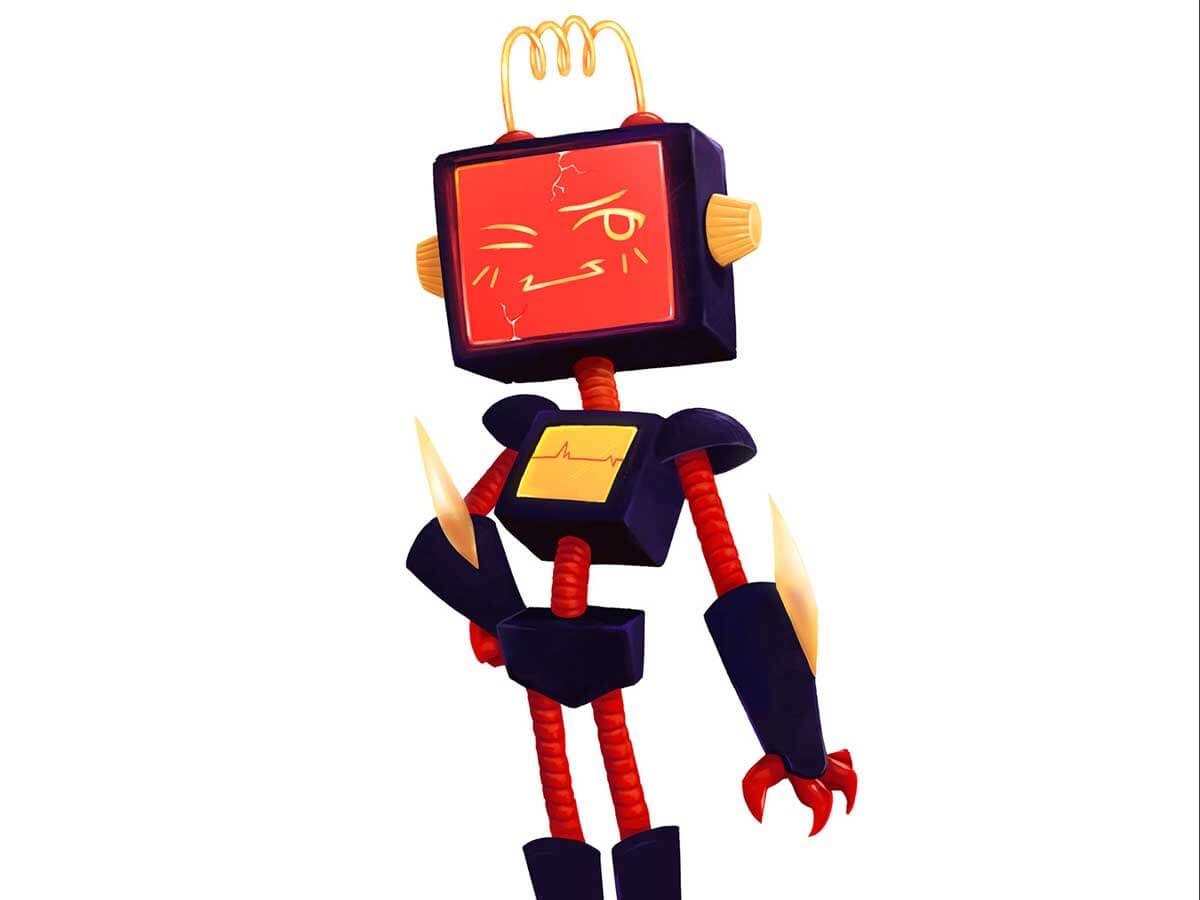 A red, robot character with a tv for a head winks.
