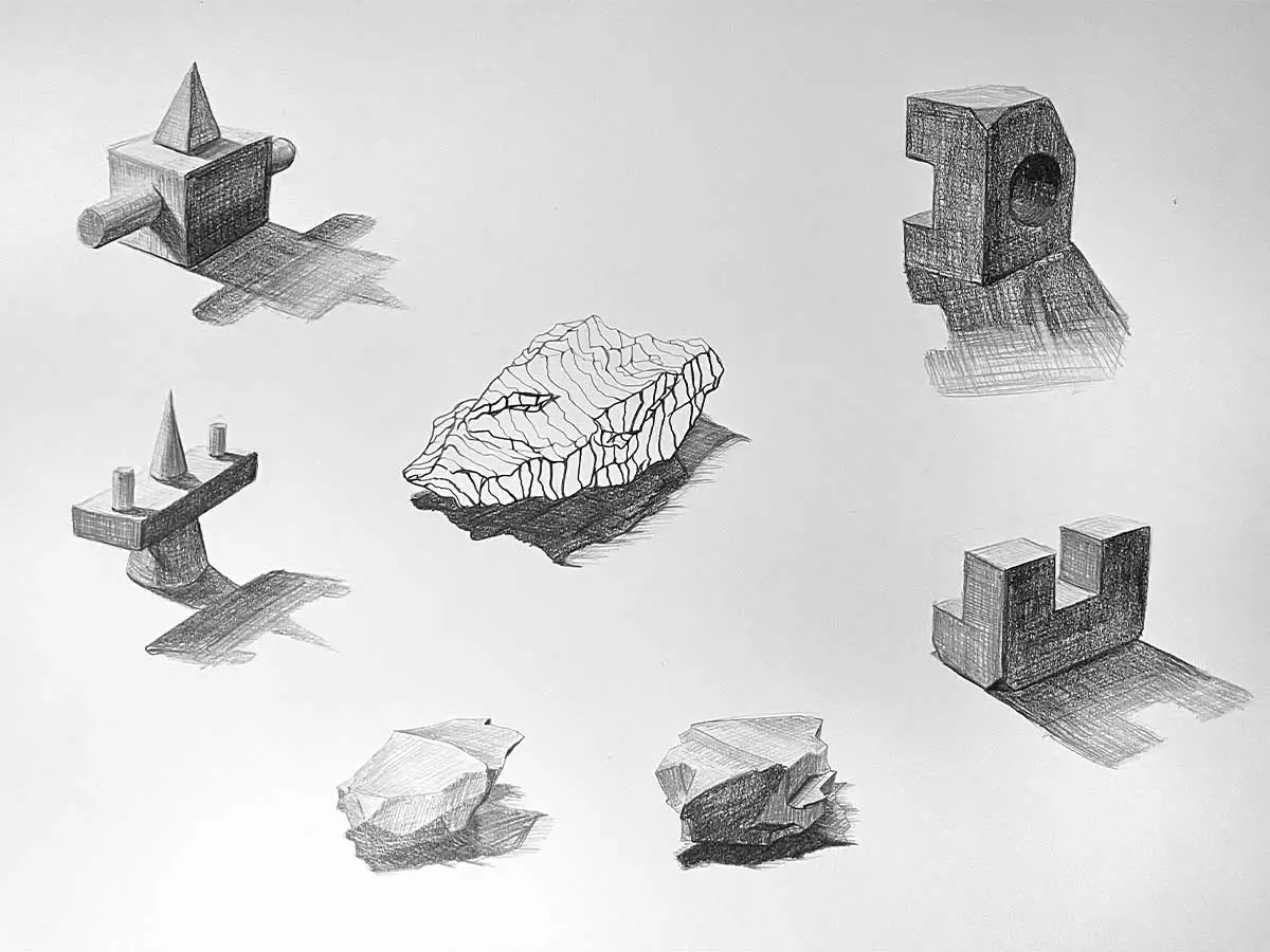 A drawing of a collection of random objects all casting a shadow.