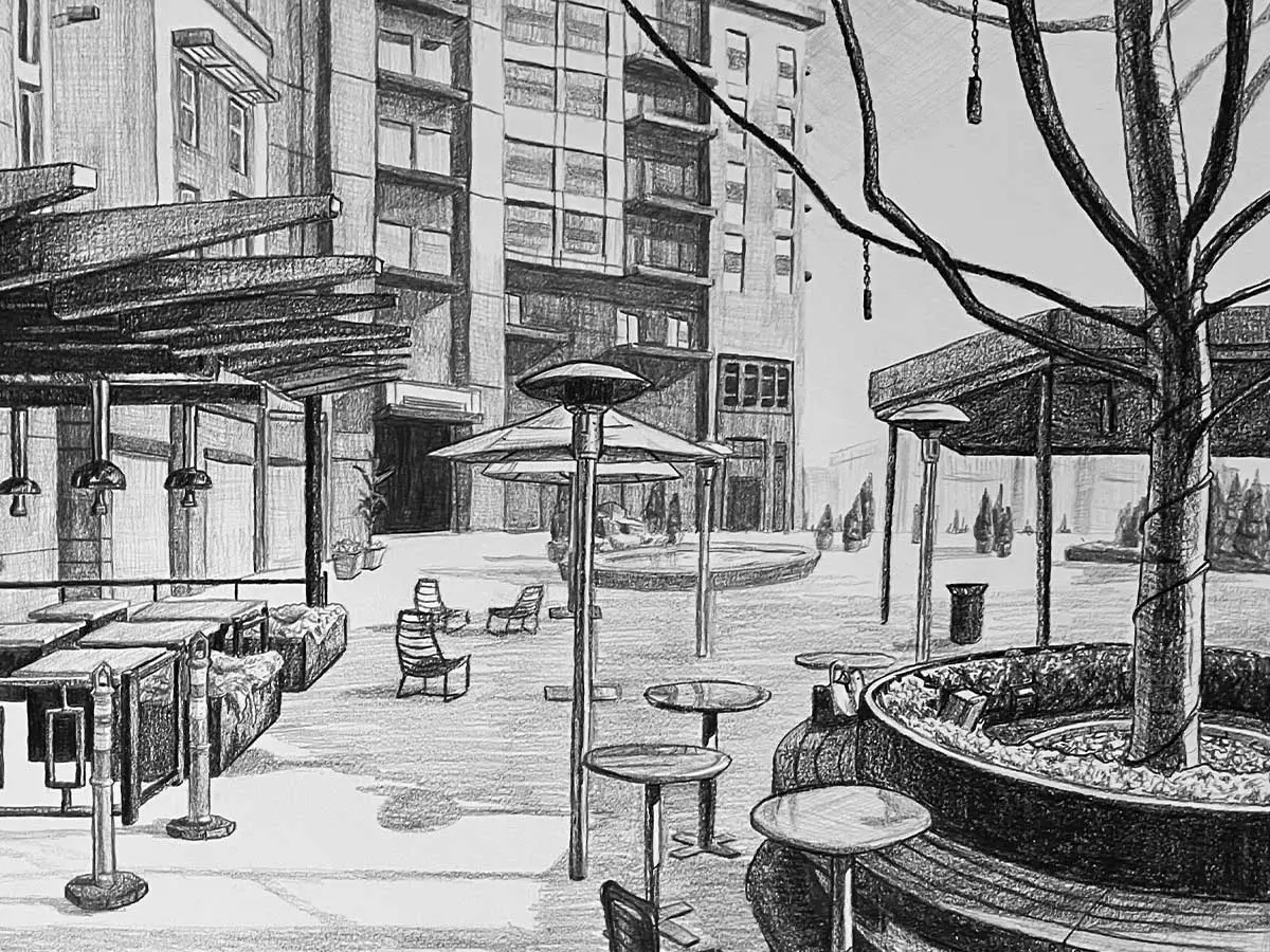 A drawing of a plaza outside of a building.