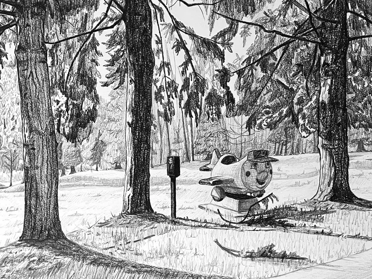 A drawing of a coin operated ride in the middle of the forest.