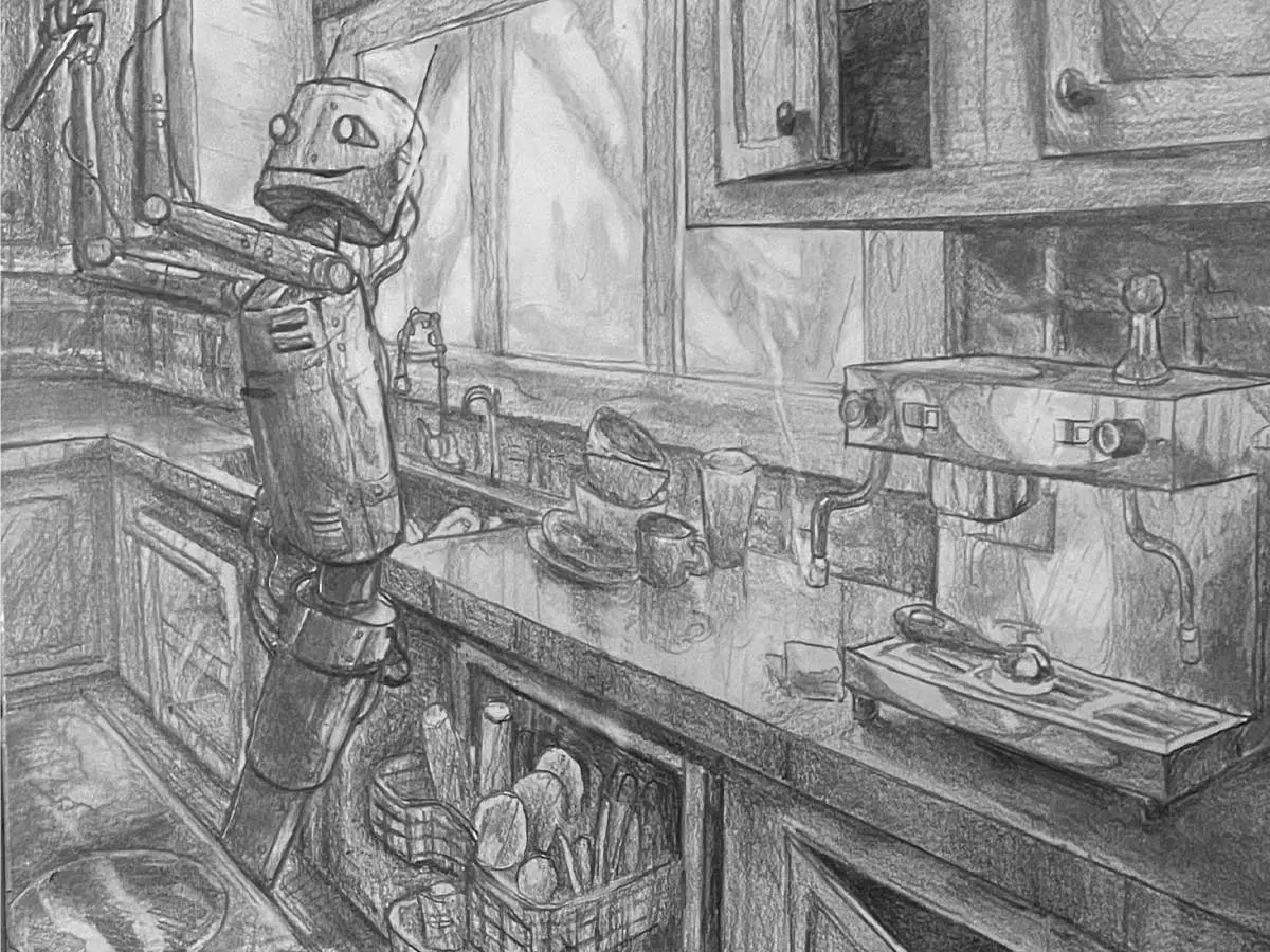 A drawing of a house's kitchen with a robot preforming chores.