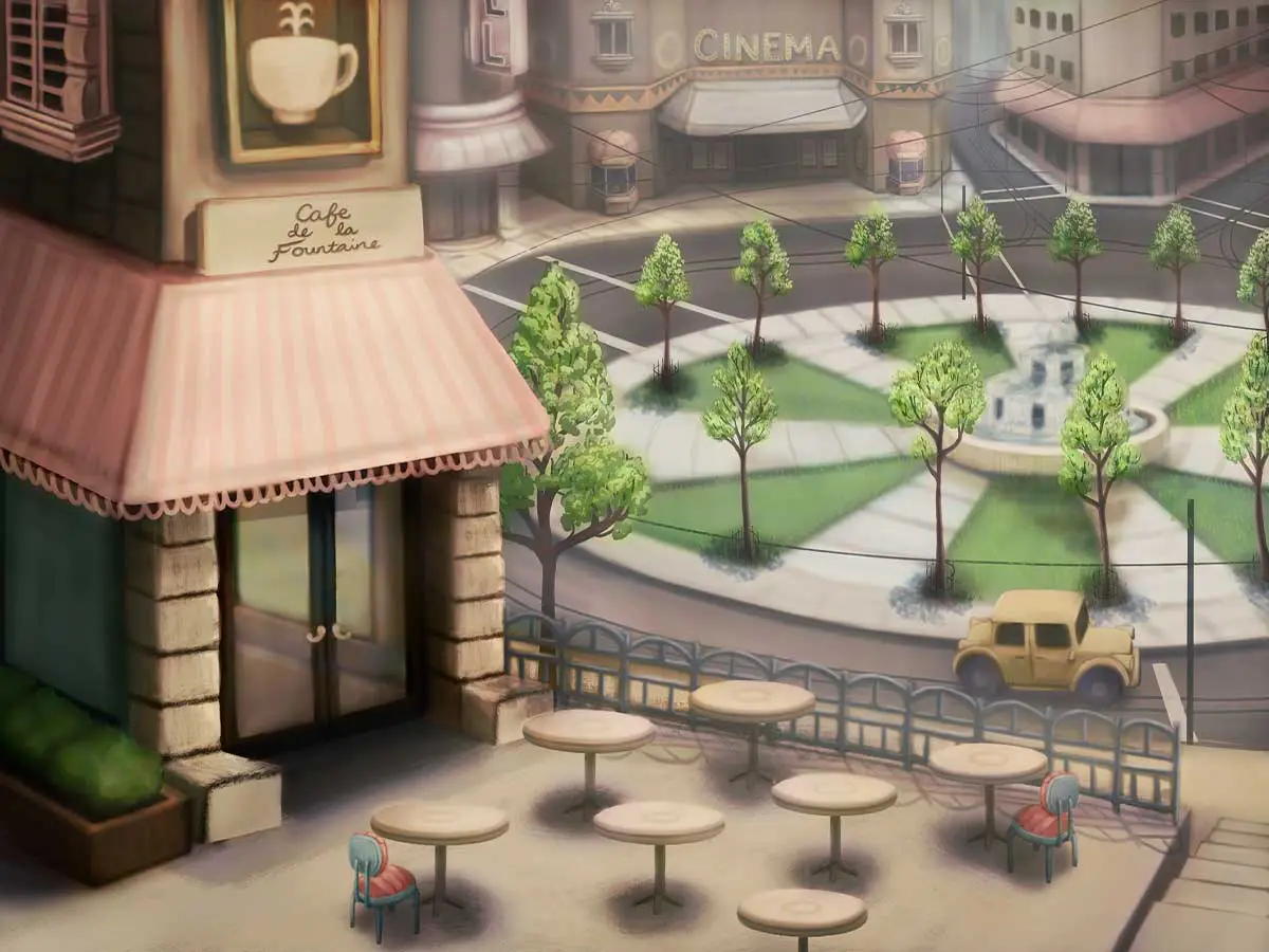 A painting of a coffee shop beside a roundabout.