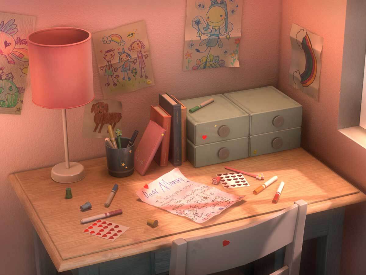 A desk in a children's room containing a handwritten to a mother.