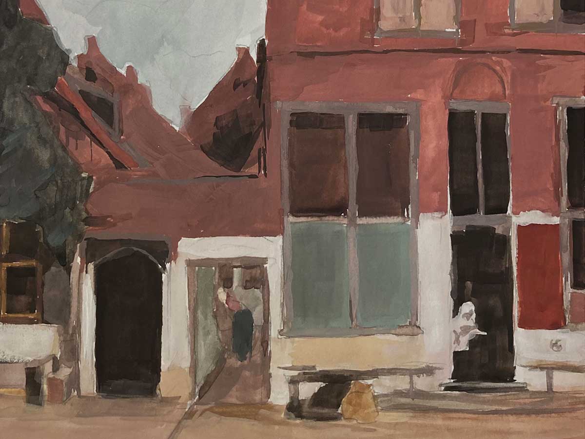 A painting of a red building in a town square.