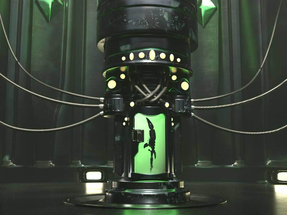 A green glowing capsule hooked up to a machine containing a sword.