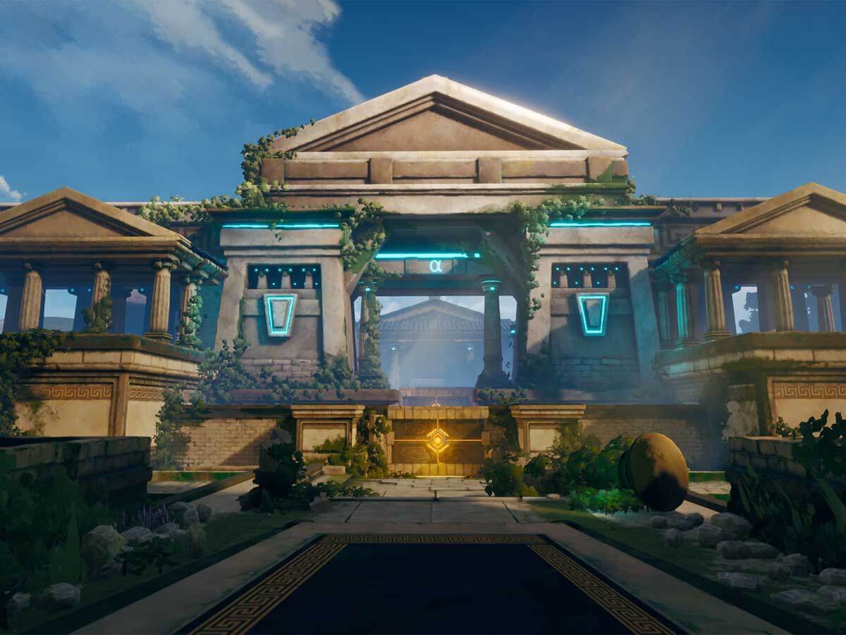An overgrown Greek looking temple with blue and orange neon lights.