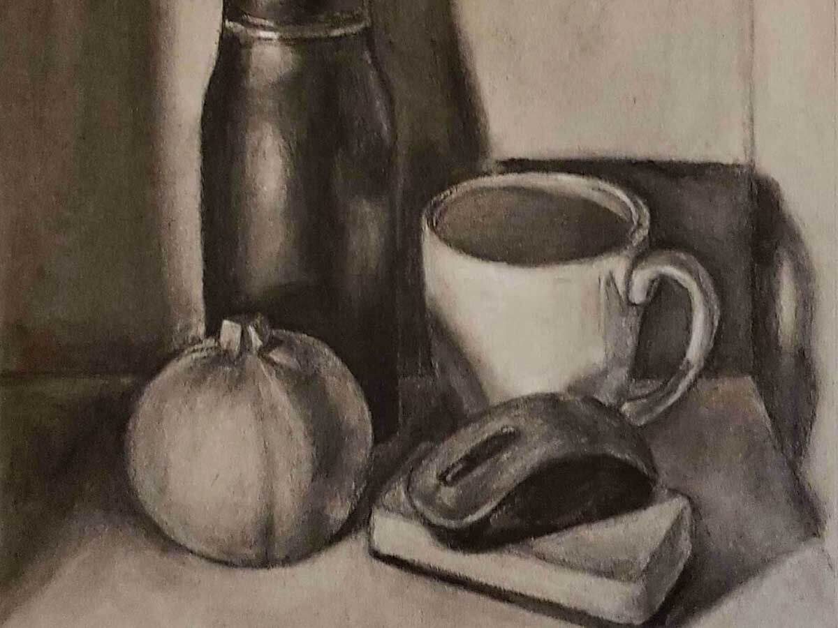 Sketch of a mug, thermos, computer mouse, small pumpkin, and eraser.