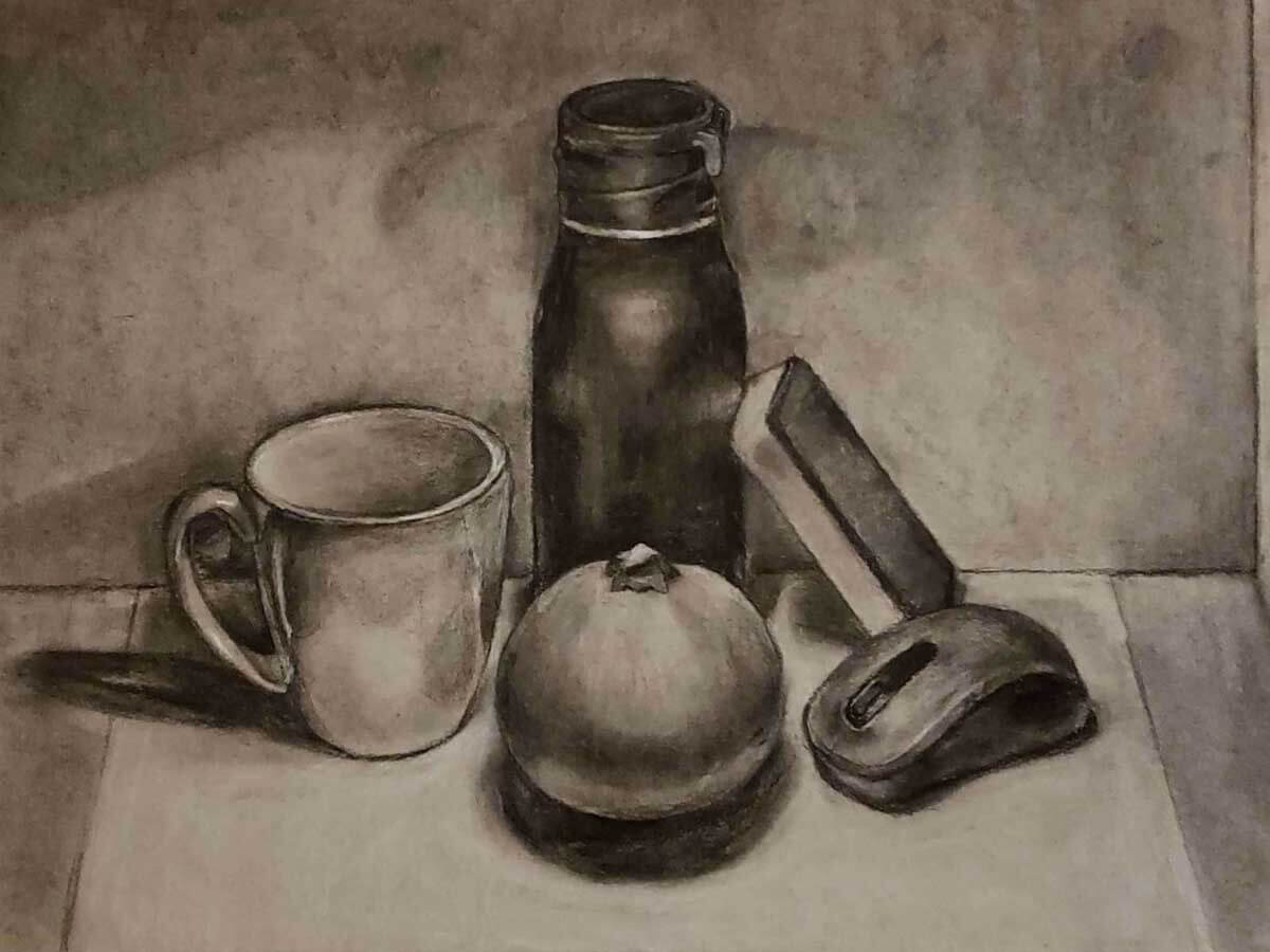 Sketch of a mug, thermos, computer mouse, small pumpkin, and eraser.