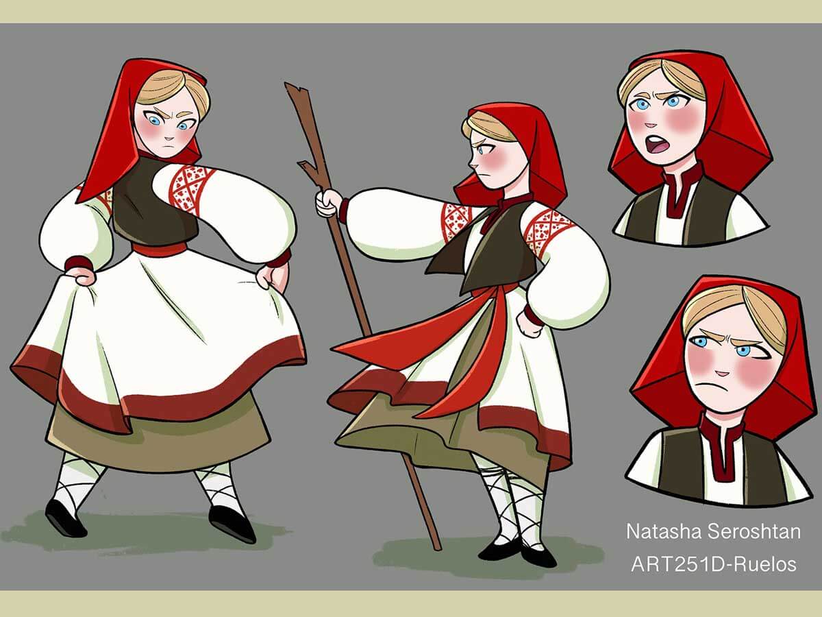 Character concept of an expressive woman wearing a red headscarf.