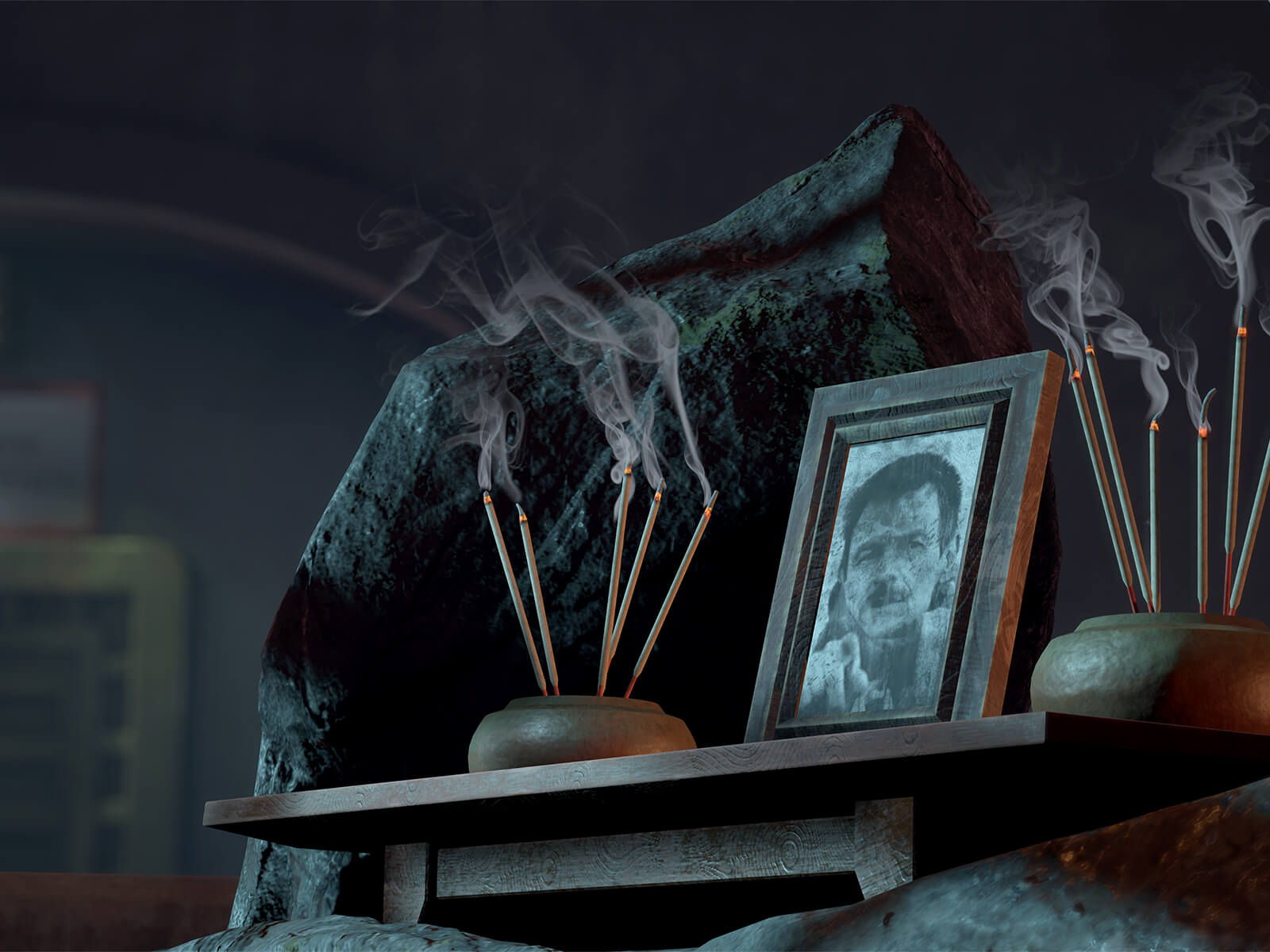 A framed picture of a man with lit incense surrounding it