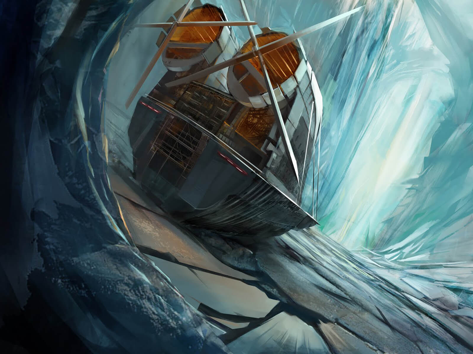 digital painting of a ship with huge propellers entering an icy cavern