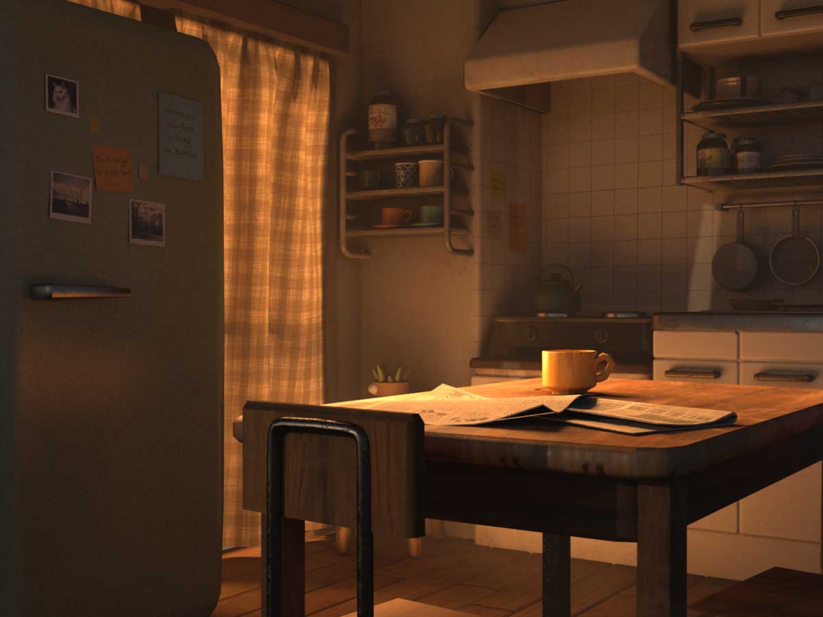A dark kitchen with a refrigerator and newspaper on the table.
