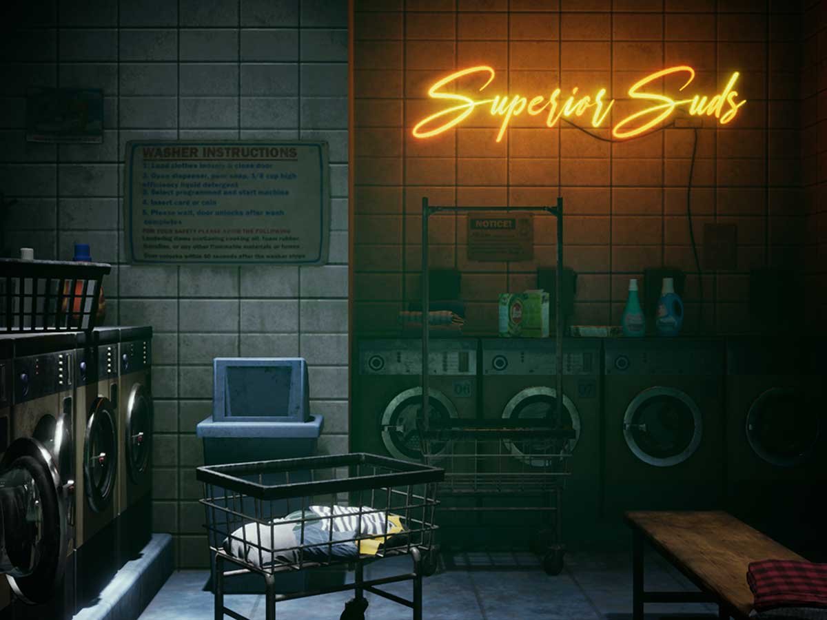 A dark laundromat with an orange neon sign in the background.