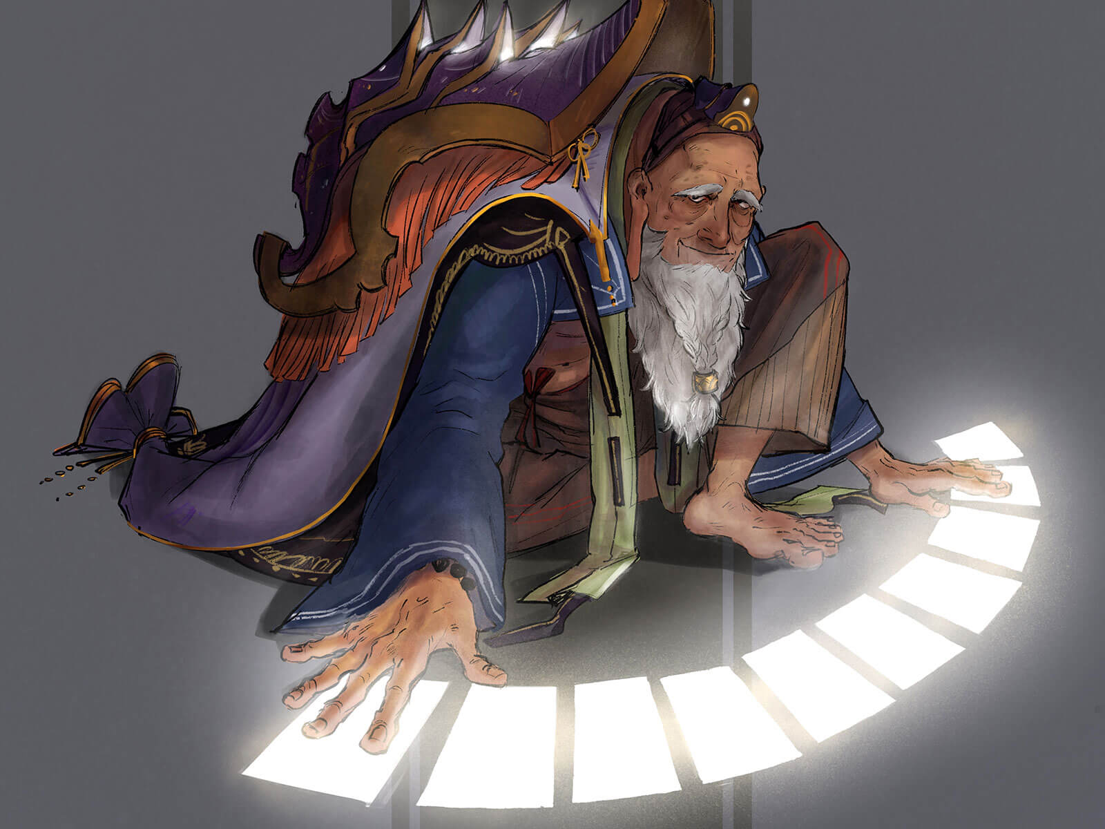A man with a white beard and purple cape lays out glowing tarot cards