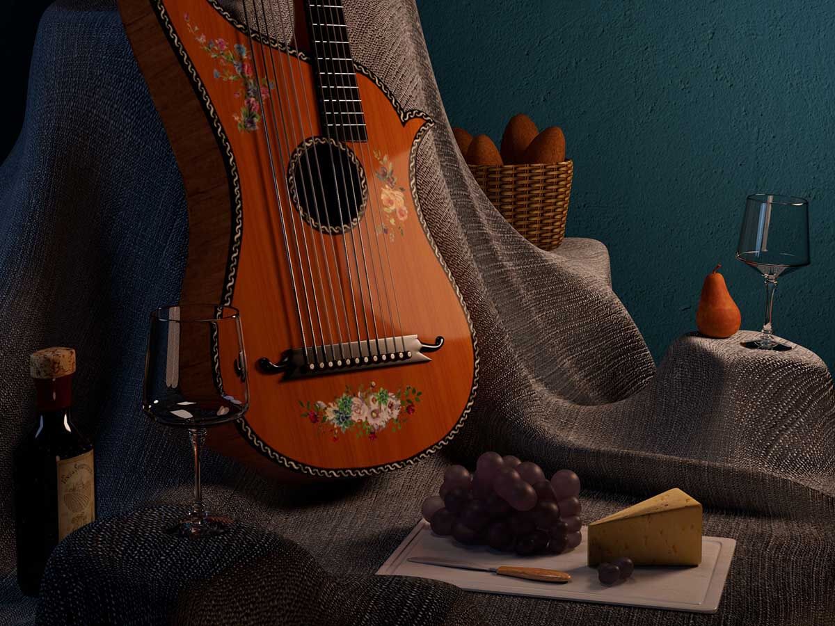 An intricate string instrument on a covered chair with food and wine.