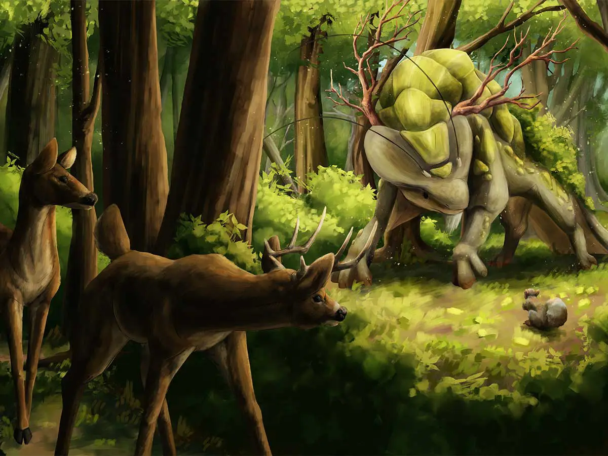 A painting of deer investigating a large dinosaur-like creature.