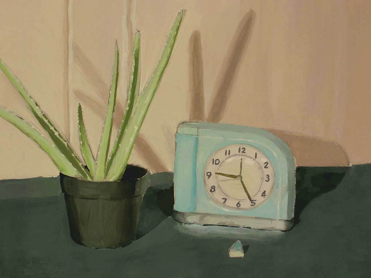 Painting of a potted cactus next to a clock.
