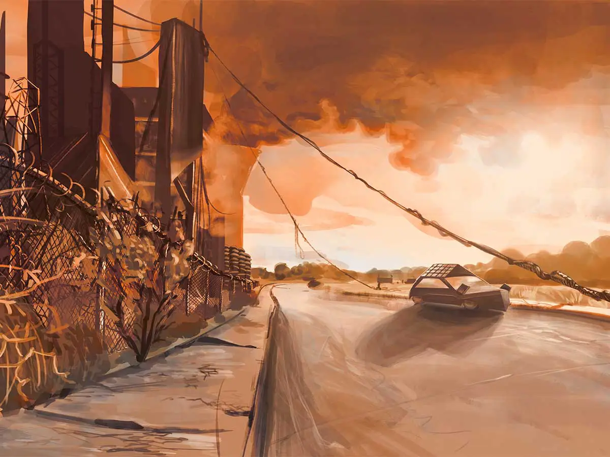A painting of a road right outside of a futuristic power station.