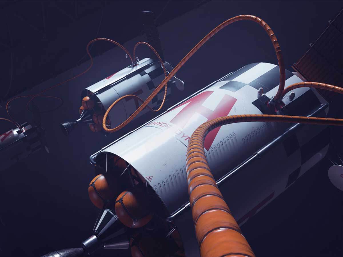 Metal containers in space tethered together by orange cables.