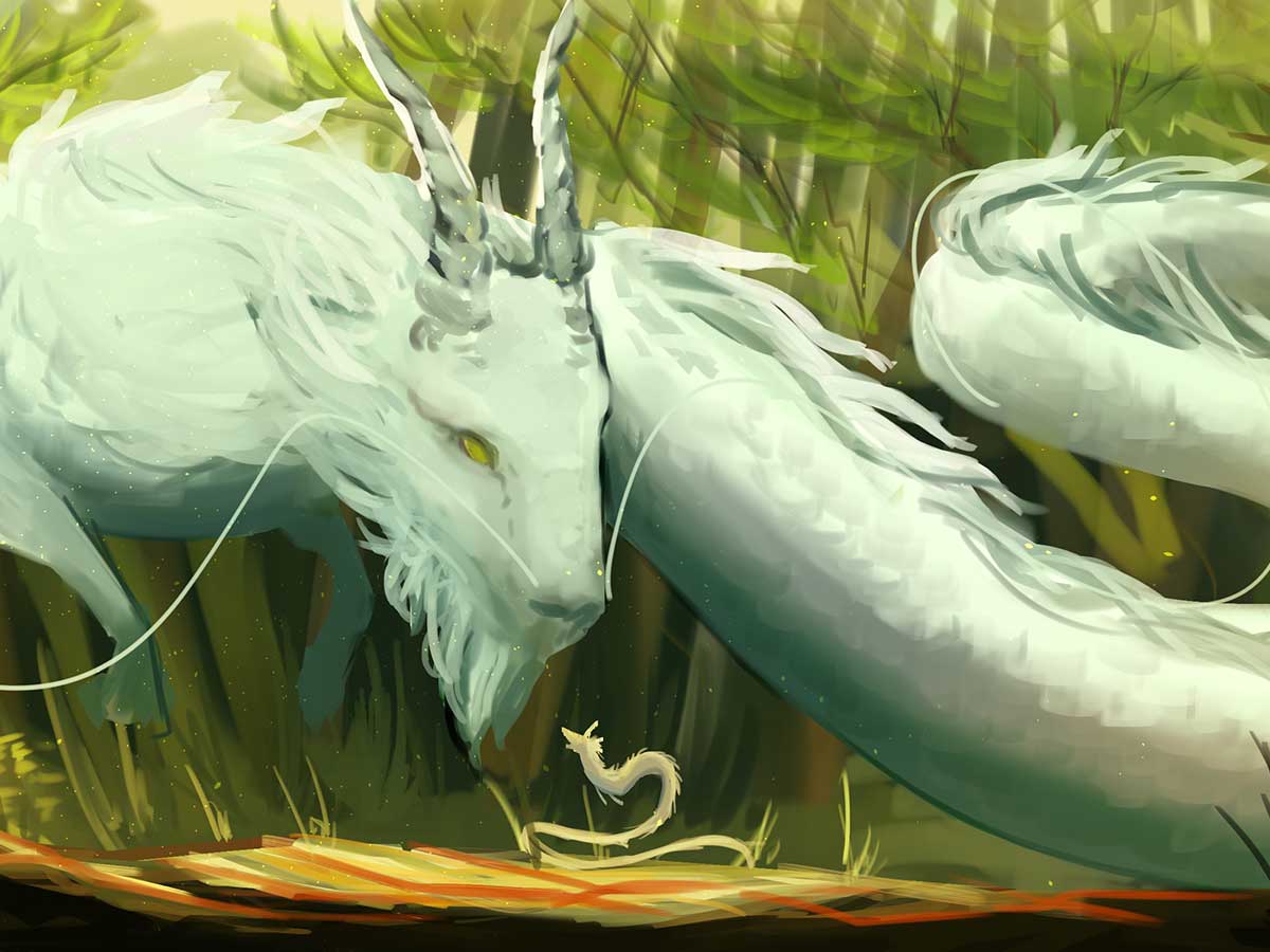 A serpent-like dragon floats before a smaller dragon in a forest.