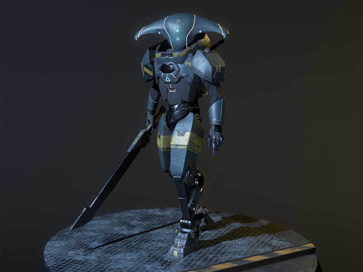 3D model of a robot man carrying a sword.