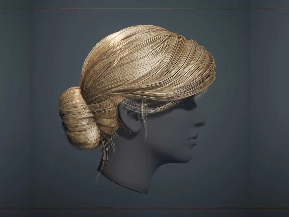 A 3D model of different angles of a blonde haircut.