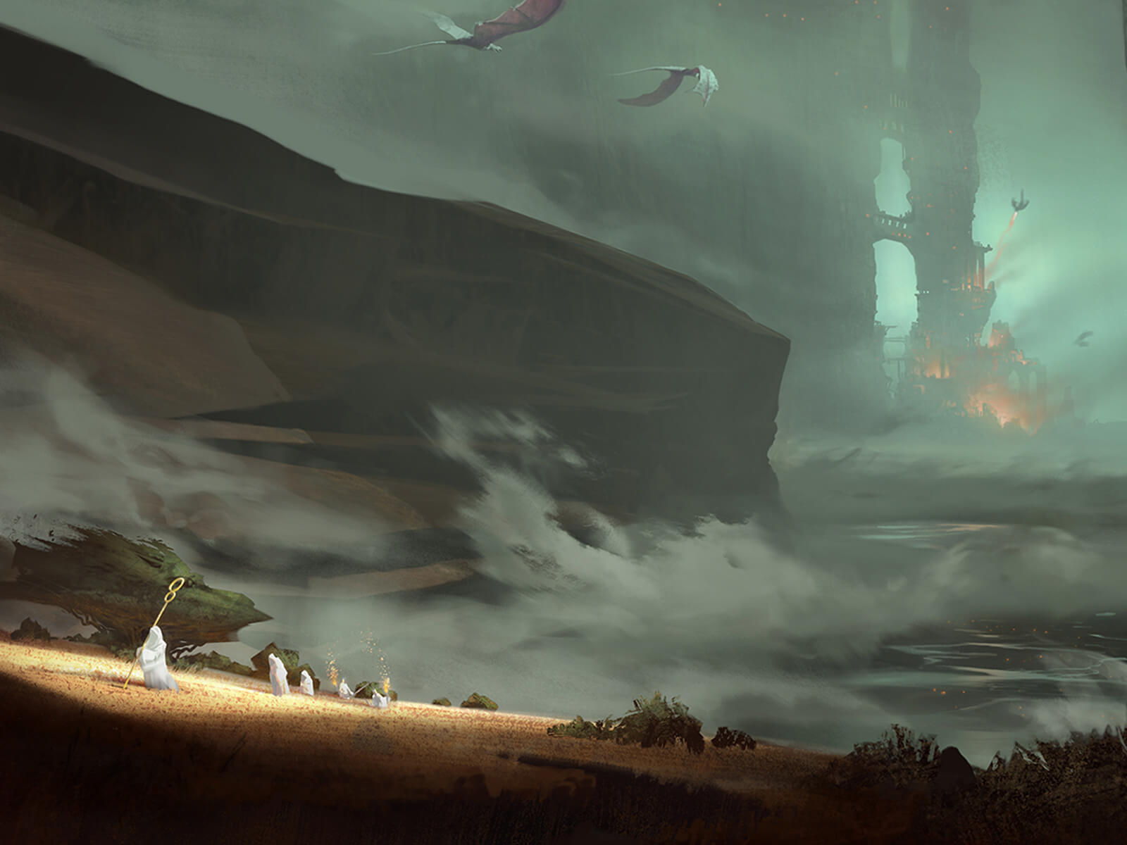 digital painting of pterodactyls flying over white-clad shepard-like characters toward a distant fiery structure