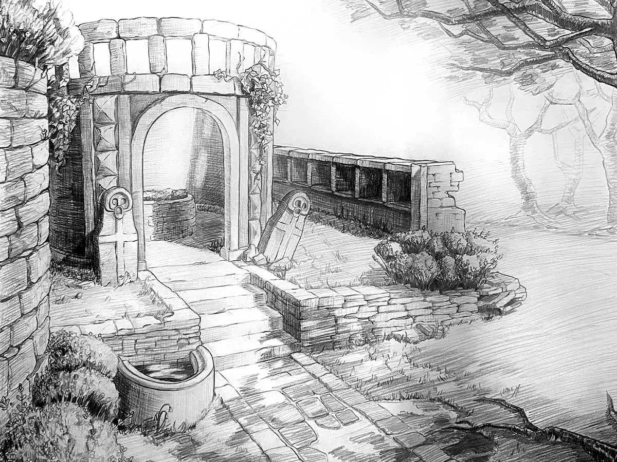 A drawing of a dilapidated shrine and well.