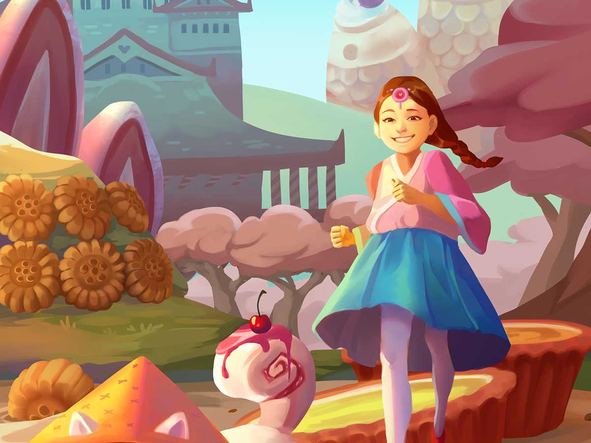 A girl and her dog run through a land made of candy and chocolate.