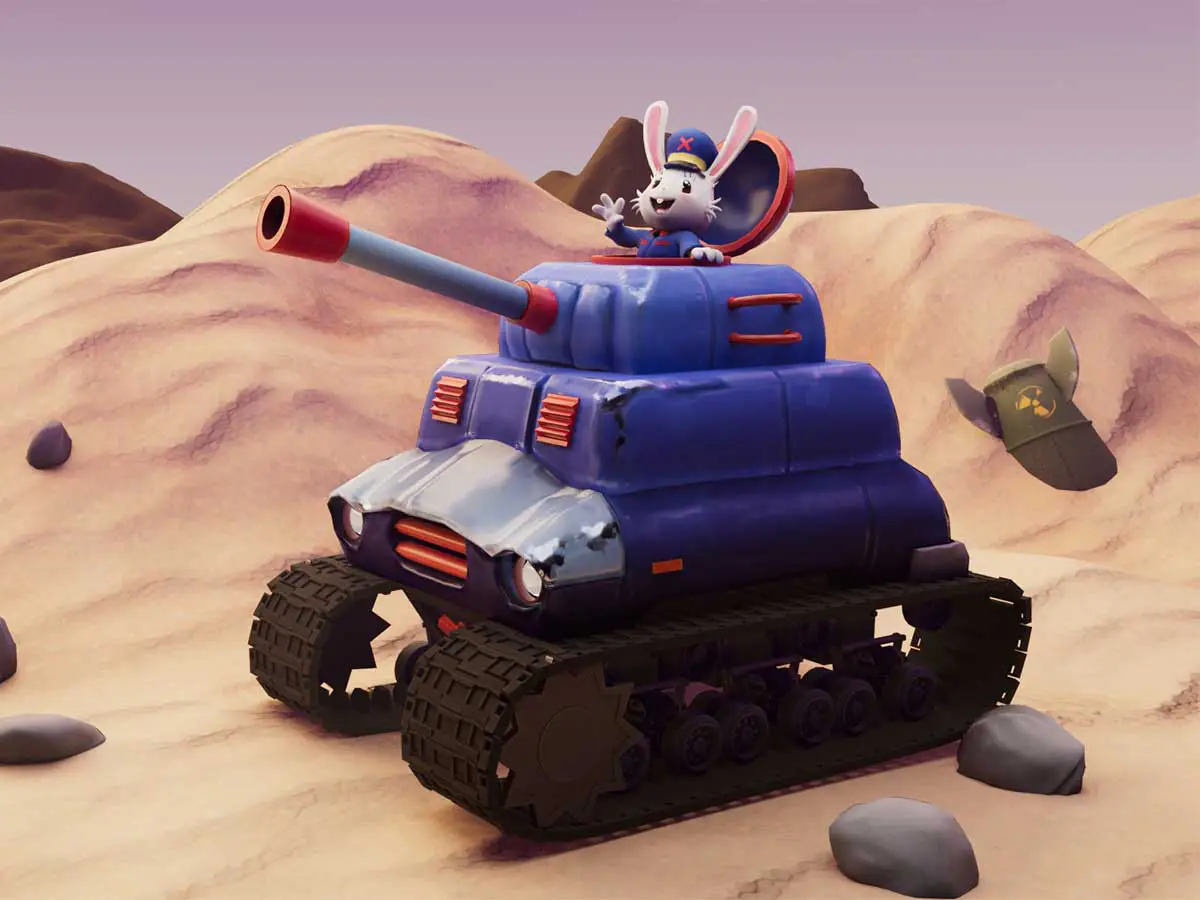 A 3D render of a bunny driving a tank in a desert littered with bombs.