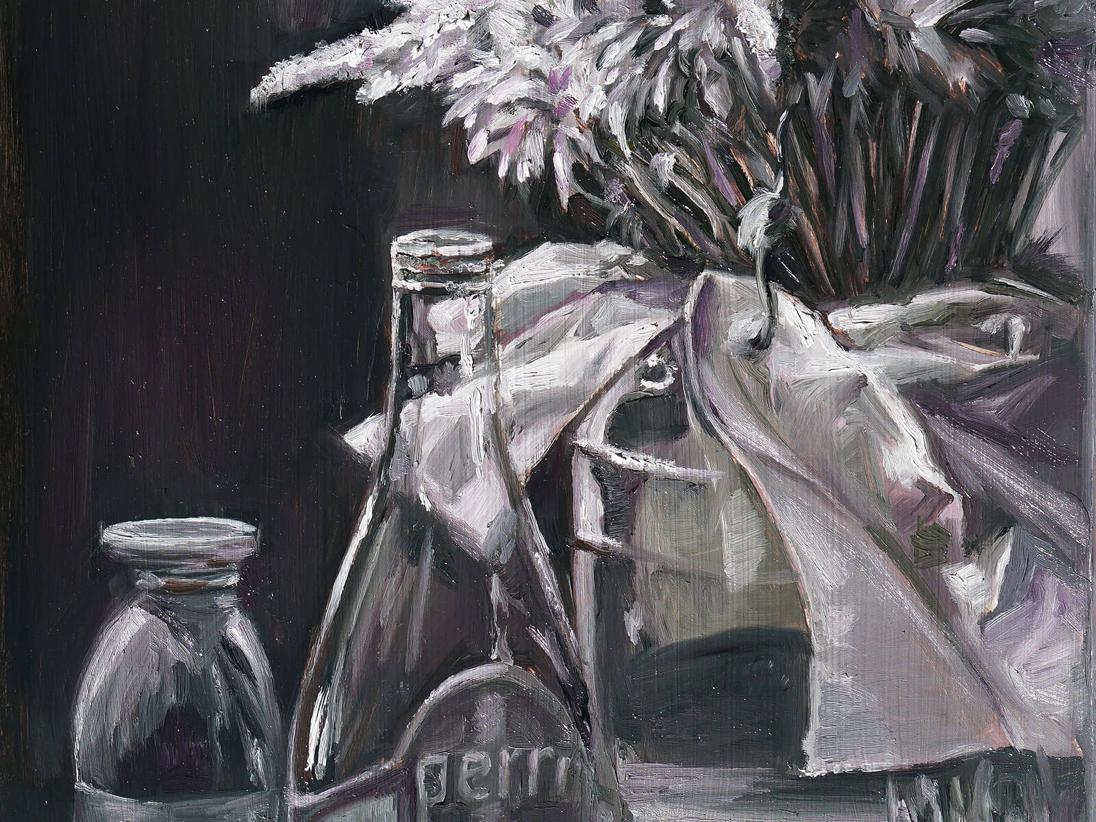 Still-life with a Perrier bottle and flowers in a glass jug