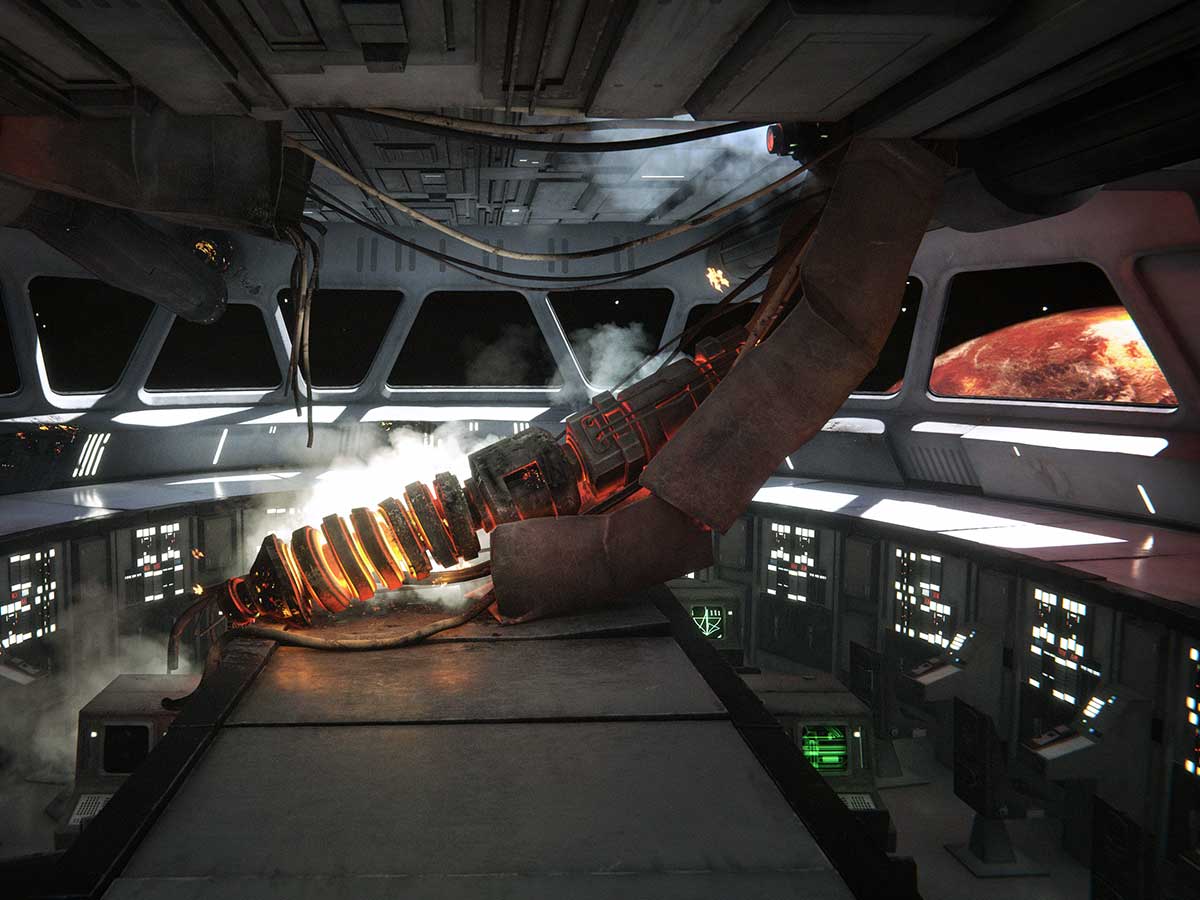 The interior of a spaceship where a heated rod has broken through the ceiling.