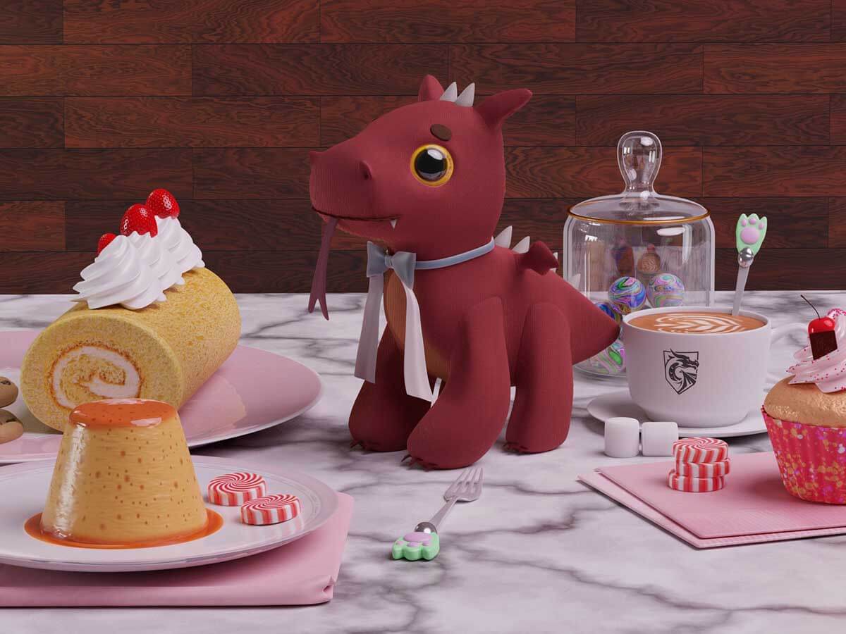 A table with a plush dragon, cookies, candy, and other sweets.