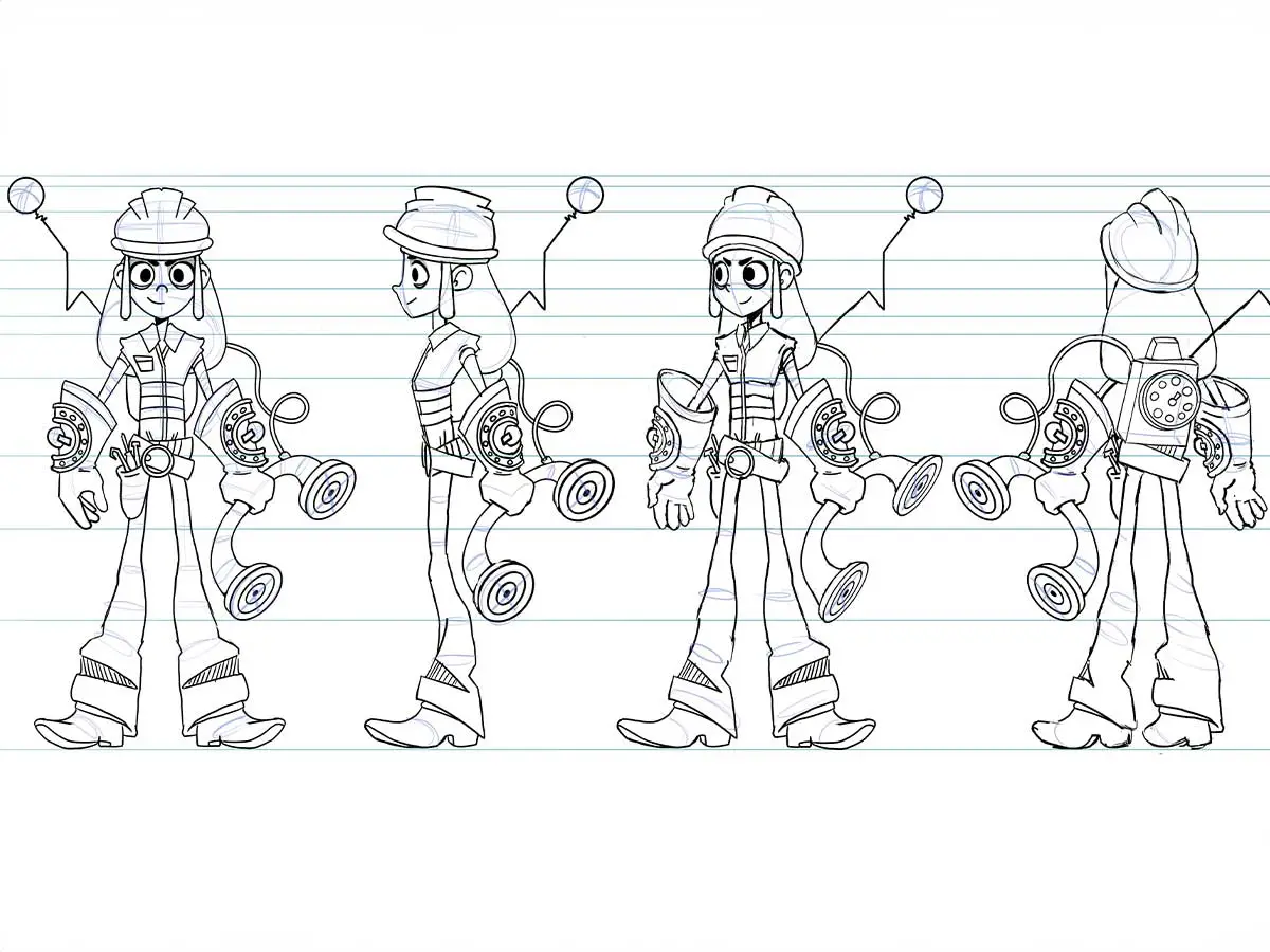 Different angles of a drawing of a steampunk phoneline worker.