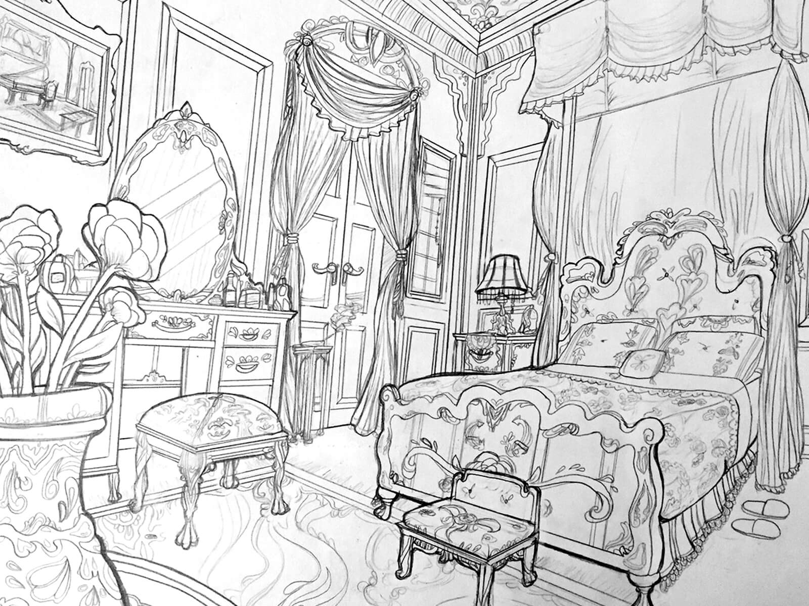 perspective drawing of an elaborate bedroom with swags of fabric, ornate furniture, and a vase filled with flowers