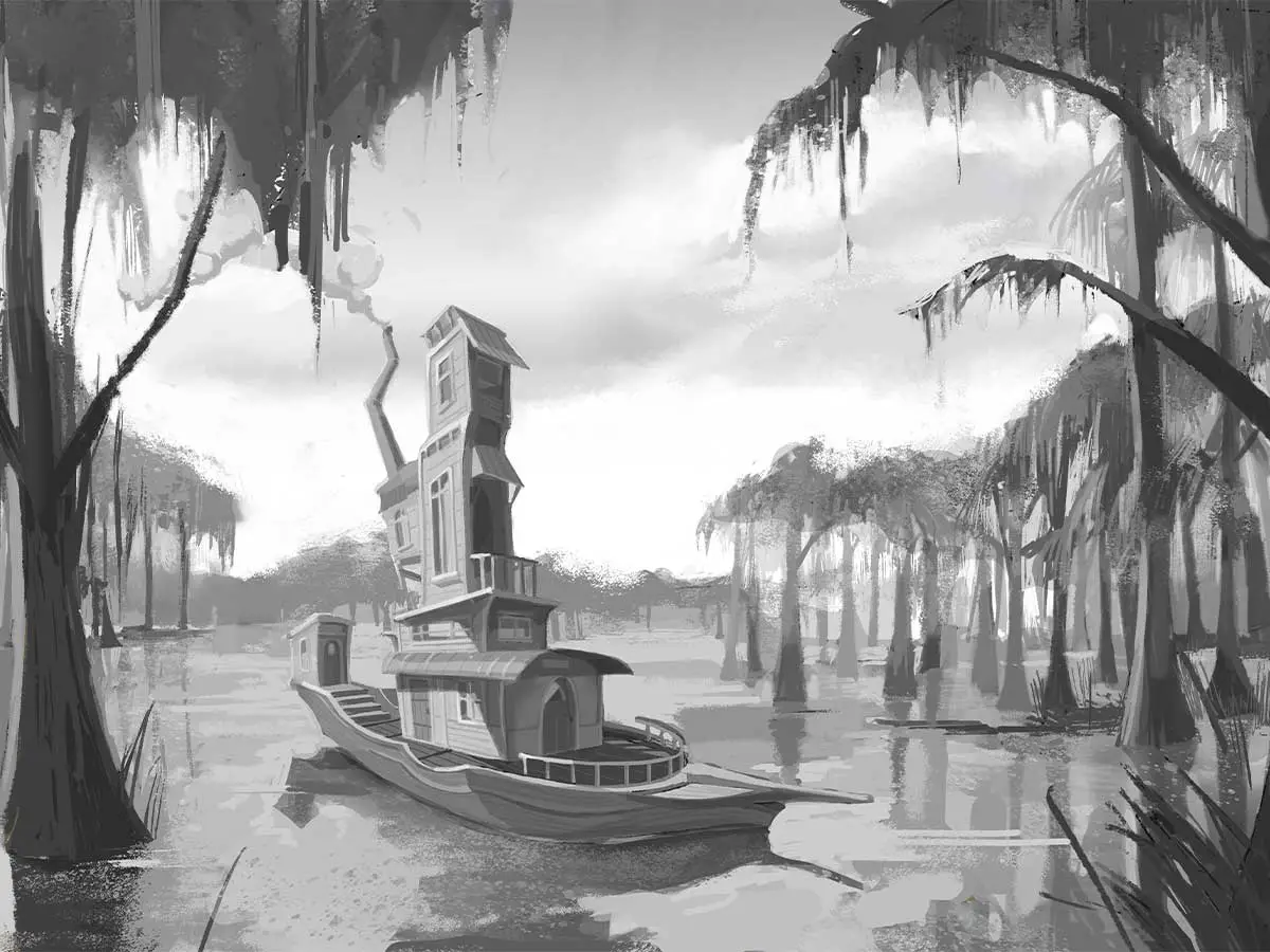 A painting of a tall boat within a swamp.