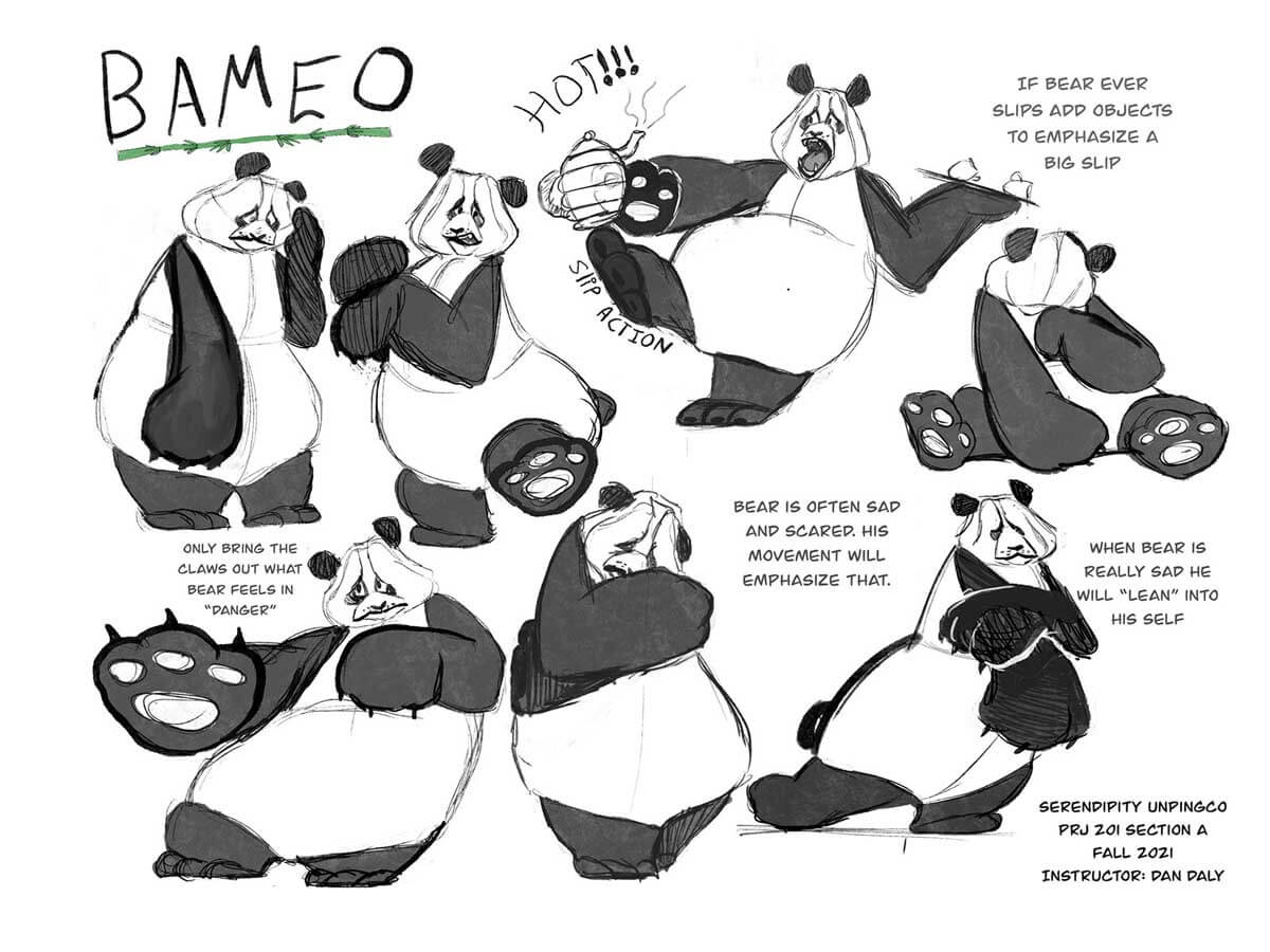 A character sheet concept of a clumsy panda with a sad expression.